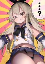 Rule 34 | ..., 1girl, ?, bad id, bad twitter id, black hairband, black panties, blonde hair, blue sailor collar, blue skirt, commentary request, cowboy shot, crop top, elbow gloves, from below, gloves, grey eyes, hairband, highleg, highleg panties, highres, kantai collection, long hair, looking at viewer, microskirt, miniskirt, nichigeckoh, panties, pleated skirt, pout, sailor collar, shimakaze (kancolle), skirt, solo, speech bubble, sunburst, sunburst background, twisted torso, underwear, white gloves