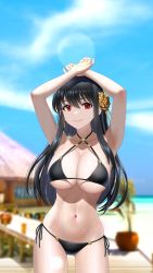 Rule 34 | 1girl, areola slip, armpits, arms up, beach, bikini, black bikini, black hair, blurry, blurry background, breasts, cleavage, closed mouth, commentary request, cowboy shot, day, earrings, flower, gold earrings, gold hairband, hair flower, hair ornament, hairband, highres, houriigurei, jewelry, large breasts, lens flare, long hair, looking at viewer, navel, outdoors, red eyes, rose, side-tie bikini bottom, sidelocks, smile, solo, spikes, spy x family, stomach, straight hair, strap gap, sunlight, swimsuit, thighs, wet, wooden bridge, yor briar