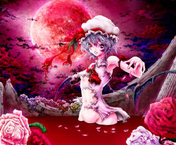 Rule 34 | 1girl, armband, bat wings, blood, female focus, flower, full moon, groin, hat, highres, moon, navel, night, no pants, pink eyes, red moon, remilia scarlet, rose, shiki takuto, short hair, silver hair, sky, solo, torn clothes, touhou, wings