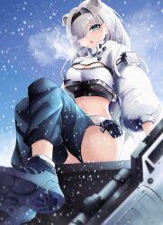 Rule 34 | 1girl, :o, animal ears, arknights, aurora (arknights), bear ears, black shirt, blue eyes, blue sky, breasts, chaps, cleavage, crop top, highres, jacket, large breasts, long sleeves, midriff, navel, open mouth, outdoors, shirt, sitting, sky, snow, solo, stomach, thighs, white hair, white jacket, yan kodiac