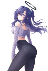 Rule 34 | 1girl, :o, absurdres, black halo, black pants, blue archive, blue eyes, blue hair, breasts, commentary request, detached sleeves, fingerless gloves, from behind, gloves, hair between eyes, halo, highres, long hair, looking at viewer, medium breasts, midriff, pants, shirt, simple background, solo, standing, two side up, white background, white gloves, white shirt, white sleeves, yoru0409, yuuka (blue archive)