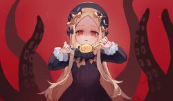 Rule 34 | 1girl, abigail williams (fate), black bow, black dress, black hat, blonde hair, bow, breasts, crime prevention buzzer, dress, fate/grand order, fate (series), forehead, hair bow, hat, highres, long hair, long sleeves, looking at viewer, miya (miyaruta), orange bow, parted bangs, red background, red eyes, ribbed dress, shaded face, shukusei!! loli-gami requiem, small breasts, solo, tentacles