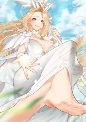 Rule 34 | 1girl, afk arena, ass, barefoot, belinda (unlight), blonde hair, blurry, blurry foreground, breasts, cleavage, cloud, detached collar, dress, falling leaves, feet, feet out of frame, foot focus, forehead, foreshortening, from below, full body, gem, glowing, gold trim, grass, green eyes, highres, holding, holding staff, knees up, large breasts, leaf, long hair, mole, mole under eye, no shoes, outstretched hand, parted bangs, parted lips, shine, sino42, sky, solo, staff, teeth, thighs, toes, white dress, wrist cuffs
