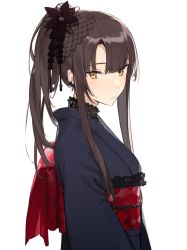Rule 34 | 1girl, aiko (kanl), black hair, blue kimono, commentary, english commentary, flower, from side, hair flower, hair ornament, japanese clothes, kimono, long hair, looking at viewer, original, ponytail, sidelocks, simple background, solo, taya (aiko), upper body, white background, yellow eyes
