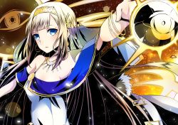 Rule 34 | 1girl, blonde hair, blue eyes, blunt bangs, divine gate, dress, earrings, floating hair, hairband, jewelry, lens flare, long hair, mady (madine08260), necklace, outstretched arm, parted lips, solo, standing, upper body, very long hair, white dress, yellow hairband