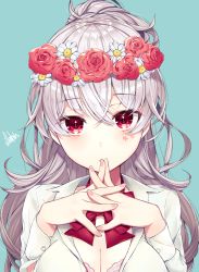Rule 34 | 1girl, bow, bowtie, bra, breasts, cleavage, collared shirt, covering own mouth, facial mark, flower, hands up, head wreath, large breasts, long hair, long sleeves, looking at viewer, original, parted lips, pink bra, ponytail, red bow, red bowtie, red eyes, red flower, ringozaka mariko, rose, school uniform, shirt, signature, silver hair, solo, underwear, upper body, white shirt