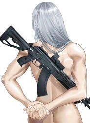 Rule 34 | ak-15, ak-15 (girls&#039; frontline), arms behind back, ass, assault rifle, butt crack, cowboy shot, eesikr, eesikr, from behind, girls&#039; frontline, gun, highres, kalashnikov rifle, muscular, muscular female, own hands clasped, own hands together, rifle, silver hair, solo, weapon, white background
