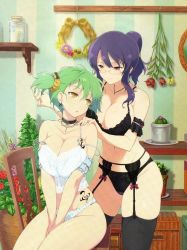 Rule 34 | 10s, 2girls, black bra, black choker, black panties, bra, breasts, breasts squeezed together, cactus, camisole, choker, cleavage, cowboy shot, earrings, flower, garter belt, garter straps, glasses, green hair, hands between legs, high ponytail, hikage (senran kagura), indoors, jar, jewelry, lace, large breasts, legs together, lingerie, midriff, multiple girls, navel, official art, open mouth, panties, plant, potted plant, purple hair, red flower, red rose, rose, senran kagura, senran kagura new wave, shelf, short hair, short twintails, sitting, slit pupils, smile, standing, rin (senran kagura), tattoo, thighhighs, twintails, underwear, underwear only, white panties, yellow eyes