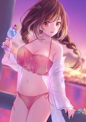 Rule 34 | 1girl, absurdres, bare shoulders, bikini, braid, breasts, brown hair, commentary request, cup, drinking glass, dusk, dutch angle, halterneck, highres, holding, holding cup, hoshina hoshimi, idolmaster, idolmaster shiny colors, large breasts, long hair, looking at viewer, low twin braids, navel, ocean, pink bikini, pink eyes, side-tie bikini bottom, solo, swimsuit, tsukioka kogane, twin braids