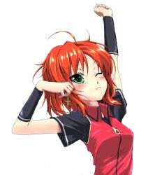 Rule 34 | arms up, blush, frown, green eyes, grune, haruyuki, one eye closed, red hair, short hair, simple background, solo, stretching, vest, wink, zipper