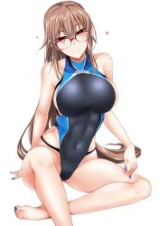 Rule 34 | 1girl, breasts, brown hair, collarbone, competition swimsuit, fingernails, glasses, heart, highleg, highleg swimsuit, highres, impossible clothes, impossible swimsuit, large breasts, lindoh flores, long hair, looking at viewer, nail polish, one-piece swimsuit, original, red-eyes macadamiachoco, red-framed eyewear, red eyes, sideboob, sitting, smile, solo, swimsuit, white background