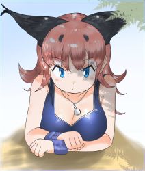 Rule 34 | animal ears, blue eyes, blue one-piece swimsuit, caracal (kemono friends), cat girl, cats yone, closed mouth, highres, kemono friends, long hair, one-piece swimsuit, solo, swimsuit, tail