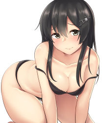 Rule 34 | 1girl, absurdres, all fours, bare shoulders, black bra, black hair, black panties, blush, bra, breasts, cleavage, grey eyes, hair between eyes, hair ornament, hairpin, highres, kantai collection, kiritto, looking at viewer, medium breasts, open mouth, oyashio (kancolle), panties, short hair, solo, underwear, underwear only, white background