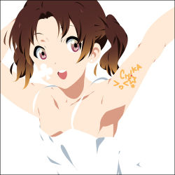 Rule 34 | &gt; &lt;, 1girl, :d, armpits, brown eyes, brown hair, extra, closed eyes, k-on!, lowres, mizuki makoto, nojima chika, open mouth, round teeth, smile, solo, star (symbol), tattoo, teeth, twintails