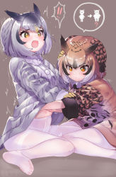 Rule 34 | !, !!, 2girls, :o, ^^^, belly grab, breasts, brown coat, brown hair, coat, commentary, eurasian eagle owl (kemono friends), frown, fur collar, gloves, grey background, grey coat, grey hair, head wings, highres, kemono friends, long sleeves, multicolored hair, multiple girls, no shoes, northern white-faced owl (kemono friends), orange eyes, pantyhose, plump, simple background, sitting, small breasts, spoken object, tadano magu, tearing up, white legwear, wings, yellow gloves