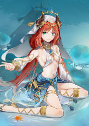 Rule 34 | 1girl, absurdres, aqua eyes, blue gemstone, breasts, breasts apart, closed mouth, detached sleeves, fake horns, forehead jewel, full body, gem, genshin impact, gladiator sandals, gold choker, harem outfit, highres, horns, k/a, leaf, long hair, looking at viewer, low twintails, medium breasts, monster, navel, nilou (genshin impact), outstretched arm, partially submerged, red hair, sandals, sitting, smile, twintails, veil, yokozuwari