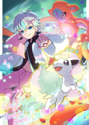 Rule 34 | 1other, blue eyes, blurry, buttons, closed mouth, commentary request, commission, creatures (company), deoxys, deoxys (normal), earrings, english text, galarian form, galarian ponyta, game freak, gen 3 pokemon, gen 8 pokemon, grey hair, hair between eyes, hair ornament, hairclip, hand up, highres, holding, holding poke ball, jewelry, long sleeves, mythical pokemon, navel, nintendo, original, pants, poke ball, pokemon, pokemon (creature), premier ball, purple pants, short hair, skeb commission, smile, thank you, tom (pixiv10026189), virtual youtuber