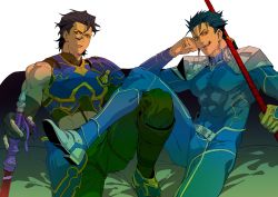 Rule 34 | 2boys, absurdres, armor, bare shoulders, black hair, blue bodysuit, blue hair, bodysuit, breastplate, bulge, covered abs, cu chulainn (fate), cu chulainn (fate/stay night), diarmuid ua duibhne (lancer) (fate), diarmuid ua duibhne (saber) (fate), earrings, elbow rest, fate/grand order, fate (series), feet out of frame, fi-n-ona, gae bolg (fate), green pants, hair strand, head tilt, highres, jewelry, looking at viewer, male focus, midriff, multiple boys, muscular, muscular male, pants, pectorals, ponytail, red eyes, short hair, white background