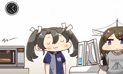 Rule 34 | 10s, 2girls, :3, alternate costume, bento, blue eyes, brown hair, cash register, cashier, casual, cellphone, character name, clock, closed eyes, commentary request, contemporary, employee uniform, eyebrows, grey hair, hair ornament, hair ribbon, hairpin, headgear, holding, holding phone, kantai collection, lawson, long hair, long sleeves, maya (culture), maya (kancolle), microwave, motion lines, multiple girls, name tag, name connection, phone, pyramid (structure), ribbon, short hair, short sleeves, smartphone, sweater, tanaka kusao, translation request, twintails, u u, uniform, wall clock, white ribbon, zui zui dance, zuikaku (kancolle)