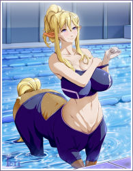 Rule 34 | 10s, 1girl, animal ears, bare shoulders, bikini, blonde hair, breasts, centaur, centorea shianus, highres, horse ears, horse tail, huge breasts, indoors, lane line, materclaws, md5 mismatch, monster girl, monster musume no iru nichijou, navel, ponytail, pool, purple eyes, resized, resolution mismatch, short hair, smile, solo, source larger, sports bikini, swimsuit, tail, taur, undressing, water