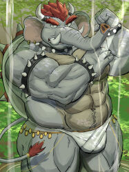 Rule 34 | 1boy, :d, ^ ^, abs, animal ears, armlet, ass, bara, bowser, bracelet, bulge, closed eyes, elephant boy, elephant ears, elephant tail, facial hair, feet out of frame, flexing, forked eyebrows, furrification, furry, furry male, goatee stubble, highres, horns, huge eyebrows, jewelry, lake, large pectorals, loincloth, male focus, mario (series), miazuma shouki, muscular, muscular male, mustache stubble, navel hair, nintendo, no nipples, open mouth, parody, pectorals, short hair, smile, solo, spiked armlet, spiked bracelet, spiked shell, spikes, standing, stomach, stubble, super mario bros. wonder, tail, tail ornament, tail ring, thick thighs, thighs, topless male, tusks, wet