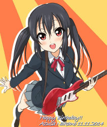 Rule 34 | 00s, 1girl, 2014, black hair, black socks, blush, dated, electric guitar, foreshortening, from above, guitar, happy birthday, instrument, k-on!, kneehighs, long hair, nakano azusa, open mouth, pleated skirt, red eyes, round teeth, school uniform, skirt, smile, socks, solo, sunburst, teeth, tetopetesone, twintails