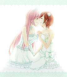 Rule 34 | 2girls, alternate costume, bare arms, bare shoulders, breasts, brown hair, choker, cleavage, closed eyes, couple, crown, detached sleeves, dress, female focus, flower, formal, hair flower, hair ornament, happy, highres, holding hands, imminent kiss, interlocked fingers, jewelry, medium breasts, megurine luka, meiko (vocaloid), multiple girls, neck, parted lips, pink hair, ribbon choker, rose, sasanoneko, short hair, simple background, smile, strapless, strapless dress, tiara, vocaloid, wedding dress, white detached sleeves, white dress, white flower, wife and wife, yuri