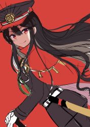 Rule 34 | 1girl, bad id, bad twitter id, black hair, black hat, cape, fate/grand order, fate (series), gloves, hat, highres, izumo neru, long hair, looking at viewer, oda nobunaga (fate), oda nobunaga (koha-ace), red background, red cape, red eyes, sketch, smile, solo, white gloves