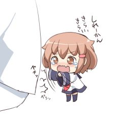 Rule 34 | 10s, 1boy, 1girl, ^^^, admiral (kancolle), aged down, black thighhighs, brown eyes, brown hair, commentary request, crying, crying with eyes open, dress, fang, gale kawaii, hair ornament, hairclip, ikazuchi (kancolle), kantai collection, long sleeves, neckerchief, one-hour drawing challenge, red neckerchief, sailor dress, short hair, simple background, skin fang, sleeves past wrists, tears, thighhighs, translation request, wavy mouth
