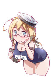 Rule 34 | 10s, 1girl, blonde hair, book, breasts, cleavage, glasses, hat, i-8 (kancolle), kantai collection, leaning forward, looking at viewer, moupii (hitsuji no ki), one-piece swimsuit, personification, school swimsuit, simple background, solo, swimsuit, thighhighs, white thighhighs