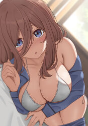 Rule 34 | 1girl, :o, absurdres, armpit crease, bikini, blue eyes, blue shirt, blurry, blurry background, blush, breasts, brown hair, clothes pull, commentary, go-toubun no hanayome, hair between eyes, highres, large breasts, long hair, long sleeves, looking at viewer, lying, nakano miku, on side, open pajamas, pajamas, pants, pants pull, parted lips, poa mellhen, shirt, side-tie bikini bottom, solo, string bikini, swimsuit, thighs, white bikini