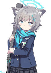 Rule 34 | 1girl, aged down, animal ear fluff, animal ears, black skirt, blazer, blue archive, blue eyes, blue halo, blue jacket, blue scarf, cross, cross hair ornament, extra ears, fuji (pixiv24804665), grey hair, hair ornament, halo, highres, inverted cross, jacket, looking at viewer, mismatched pupils, pleated skirt, scarf, shiroko (blue archive), shiroko (young) (blue archive), short hair, skirt, solo, wolf ears