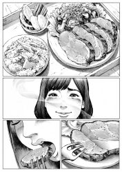 Rule 34 | 1girl, absurdres, blush, bowl, closed eyes, closed mouth, double deck, eating, food, food focus, fork, greyscale, highres, medium hair, monochrome, mushroom, open mouth, original, plate, rice, smile, solo, steak