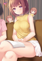 Rule 34 | 2girls, :d, bare legs, bare shoulders, black hair, blunt bangs, breasts, brown hair, character doll, clenched teeth, closed eyes, couch, crossed legs, doll, frown, highres, indoors, komone ushio, looking at viewer, miniskirt, multiple girls, open mouth, original, parted lips, pink shirt, purple eyes, ribbed sweater, shaded face, shirt, short hair, short sleeves, sitting, skirt, sleeveless, smile, standing, striped clothes, striped sweater, sweater, teeth, thighs, turtleneck, turtleneck sweater, v-shaped eyebrows, wavy mouth, white skirt