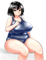 Rule 34 | 10s, 1girl, bare shoulders, belly, black hair, breasts, brown eyes, cleavage, covered navel, embarrassed, covered erect nipples, fat, fat rolls, haguro (kancolle), huge breasts, kantai collection, looking at viewer, navel, one-piece swimsuit, oozon (ozon), ouzon, plump, school swimsuit, short hair, sitting, solo, sweat, sweatdrop, swimsuit, thick thighs, thighs, weight conscious, wide hips