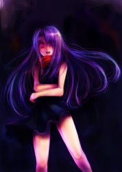 Rule 34 | 1girl, artist request, beatrice (wild arms), black background, crossed arms, darkness, evil smile, long hair, open mouth, purple hair, red eyes, scarf, sidelocks, simple background, skirt, smile, solo, wild arms, wild arms 3