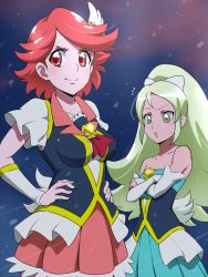 Rule 34 | 10s, 2girls, aqua skirt, arm warmers, bare shoulders, blue background, breast envy, brooch, crossed arms, cure southern cross, green eyes, green hair, hands on own hips, happinesscharge precure!, heart, heart brooch, jewelry, long hair, magical girl, multiple girls, precure, red eyes, red hair, red skirt, short hair, skirt, tan, tj-type1, unknown green-haired cure (happinesscharge precure!), wrist cuffs