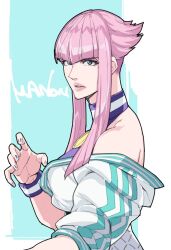 Rule 34 | 1girl, bare shoulders, blue eyes, blue wristband, dougi, french flag, hime cut, ichimat77760628, looking at viewer, manon legrand, martial arts belt, off shoulder, pink hair, street fighter, street fighter 6, wristband