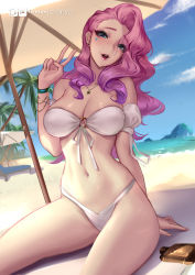 Rule 34 | 1girl, absurdres, arm behind back, bare hips, beach, beach umbrella, bikini, blue eyes, blush, bracelet, breasts, cian yo, cleavage, eyeshadow, happy, heart, heart tattoo, highleg, highleg bikini, highleg swimsuit, highres, jewelry, kneeling, large breasts, league of legends, lips, looking at viewer, makeup, necklace, o-ring, o-ring bikini, open mouth, parted lips, pink hair, puffy sleeves, purple hair, seductive smile, seraphine (league of legends), shiny skin, skindentation, smile, solo, strapless, strapless bikini, swimsuit, tattoo, thighs, umbrella, v, white bikini