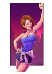 Rule 34 | 1girl, armpits, bare shoulders, blue eyes, breasts, brown hair, building, city, cleavage, clothes around waist, collarbone, evening, hand on own hip, highres, jill valentine, large breasts, lips, philipreadart, resident evil, resident evil 3: nemesis, short hair, skirt, sleeveless, sweater, sweater around waist