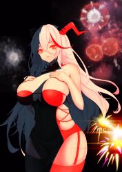 Rule 34 | 1girl, absurdres, aegir (azur lane), aegir (golden dragon among auspicious clouds) (azur lane), aerial fireworks, azur lane, bare shoulders, black garter straps, black horns, black thighhighs, breasts, chuer 722, cleavage, covered navel, criss-cross halter, fireworks, framed breasts, garter straps, halterneck, hands on own chest, highres, horns, huge breasts, long hair, looking at viewer, multicolored hair, nigh, official alternate costume, outdoors, red hair, shadow, sideless outfit, solo, standing, streaked hair, thighhighs, very long hair, white hair, yellow eyes