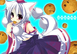 Rule 34 | 1girl, animal ears, blush, character name, cookie, cookie clicker, detached sleeves, eating, food, hat, hikanyan, inubashiri momiji, looking at viewer, paw print, polka dot, polka dot background, pom pom (clothes), purple eyes, short hair, smile, tail, tokin hat, touhou, white hair, wolf ears, wolf tail