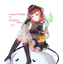 Rule 34 | 1girl, absurdres, artist request, bare shoulders, black dress, black gloves, black hat, blush, bow, dress, elbow gloves, female focus, fishnet thighhighs, fishnets, flower, gloves, gothic lolita, hat, highres, holding, holding lantern, lantern, lolita fashion, love live!, love live! school idol festival, love live! school idol project, navel, nishikino maki, playing with hair, purple eyes, red hair, rose, short hair, sitting, smile, solo, stairs, thighhighs, veil, white background, zettai ryouiki