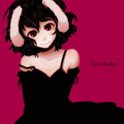 Rule 34 | 1girl, alternate costume, animal ears, black hair, bow, character name, head tilt, inaba tewi, lace, messy hair, pink hair, rabbit ears, red eyes, shirousagi una, short hair, simple background, smile, solo, strap slip, touhou, upper body