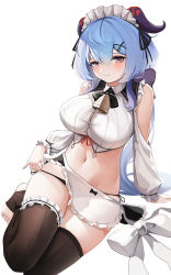 Rule 34 | 1girl, absurdres, alternate costume, apron, bare shoulders, bell, berserker r, bikini, bikini bottom only, bikini pull, blue hair, blush, bow, bowtie, breasts, button gap, closed mouth, clothes pull, cowbell, crop top, curled horns, enmaided, frills, ganyu (genshin impact), genshin impact, gradient eyes, highres, horns, large breasts, long hair, looking at viewer, maid, maid apron, maid headdress, multicolored eyes, navel, neck bell, no shoes, purple eyes, revealing clothes, simple background, sitting, solo, stirrup legwear, stomach, swimsuit, thighhighs, thighs, toeless legwear, white apron, white background, yellow eyes