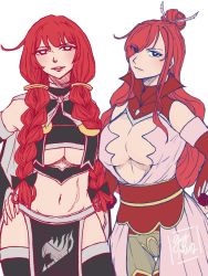 Rule 34 | 2girls, braid, breasts, cleavage, erza scarlet, fairy tail, highres, irene belserion, large breasts, long hair, midriff, mature female, mother and daughter, multiple girls, navel, pelvic curtain, red hair, revealing clothes, thighhighs, twin braids, underboob
