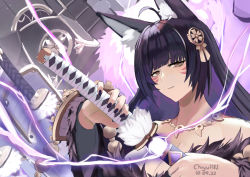 Rule 34 | 1girl, animal ear fluff, animal ears, azur lane, breasts, fox ears, hair ornament, japanese clothes, jewelry, lightning, long sleeves, looking at viewer, musashi (azur lane), nail polish, resolution mismatch, solo, source larger, sword, weapon, yellow eyes