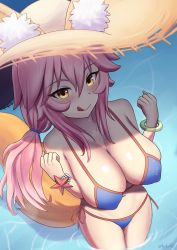 Rule 34 | 1girl, :p, animal ear fluff, animal ears, bikini, blue bikini, blush, bracelet, breasts, cleavage, collarbone, covered erect nipples, fate/extra, fate/grand order, fate (series), fox ears, fox girl, fox tail, hair between eyes, hat, highres, jewelry, kaku-c aji, large breasts, navel, partially submerged, pink hair, ponytail, side-tie bikini bottom, sidelocks, solo, stomach, straw hat, swimsuit, tail, tamamo (fate), tamamo no mae (fate/extra), tamamo no mae (swimsuit lancer) (fate), tamamo no mae (swimsuit lancer) (second ascension) (fate), thighs, tongue, tongue out, water, wet, yellow eyes