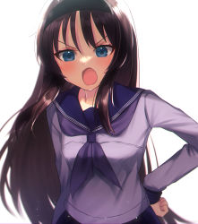 Rule 34 | 1girl, angry, black hair, black hairband, blouse, blue eyes, blue neckerchief, blue sailor collar, blue shirt, blush, commentary, hairband, hand on own hip, highres, itsuka neru, long hair, long sleeves, looking at viewer, neckerchief, open mouth, sailor collar, school uniform, serafuku, shirt, simple background, solo, tohno akiha, tsukihime, tsukihime (remake), upper body, white background