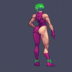 Rule 34 | 1girl, abs, adapted costume, animated, animated gif, arm cannon, armor, ass, ass cutout, asymmetrical ass, asymmetrical ass cutout, asymmetrical clothes, asymmetrical legwear, bodysuit, breasts, cannon, clothing cutout, electricity, energy, energy cannon, energy weapon, green hair, half ass, justin bailey, leotard, metroid, metroid (classic), muscular, muscular arms, muscular back, muscular female, muscular legs, nintendo, omegachaino, pixel art, power armor, revealing clothes, samus aran, short hair, sideboob, thick thighs, thighs, thong, thong leotard, transformation, uneven legwear, varia suit, weapon, wedgie
